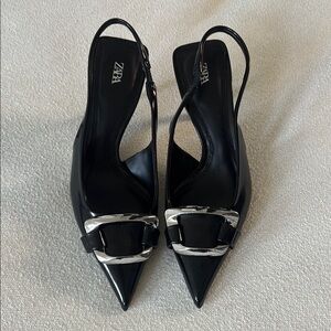Zara Black and Silver Kitten Heels with Slingback